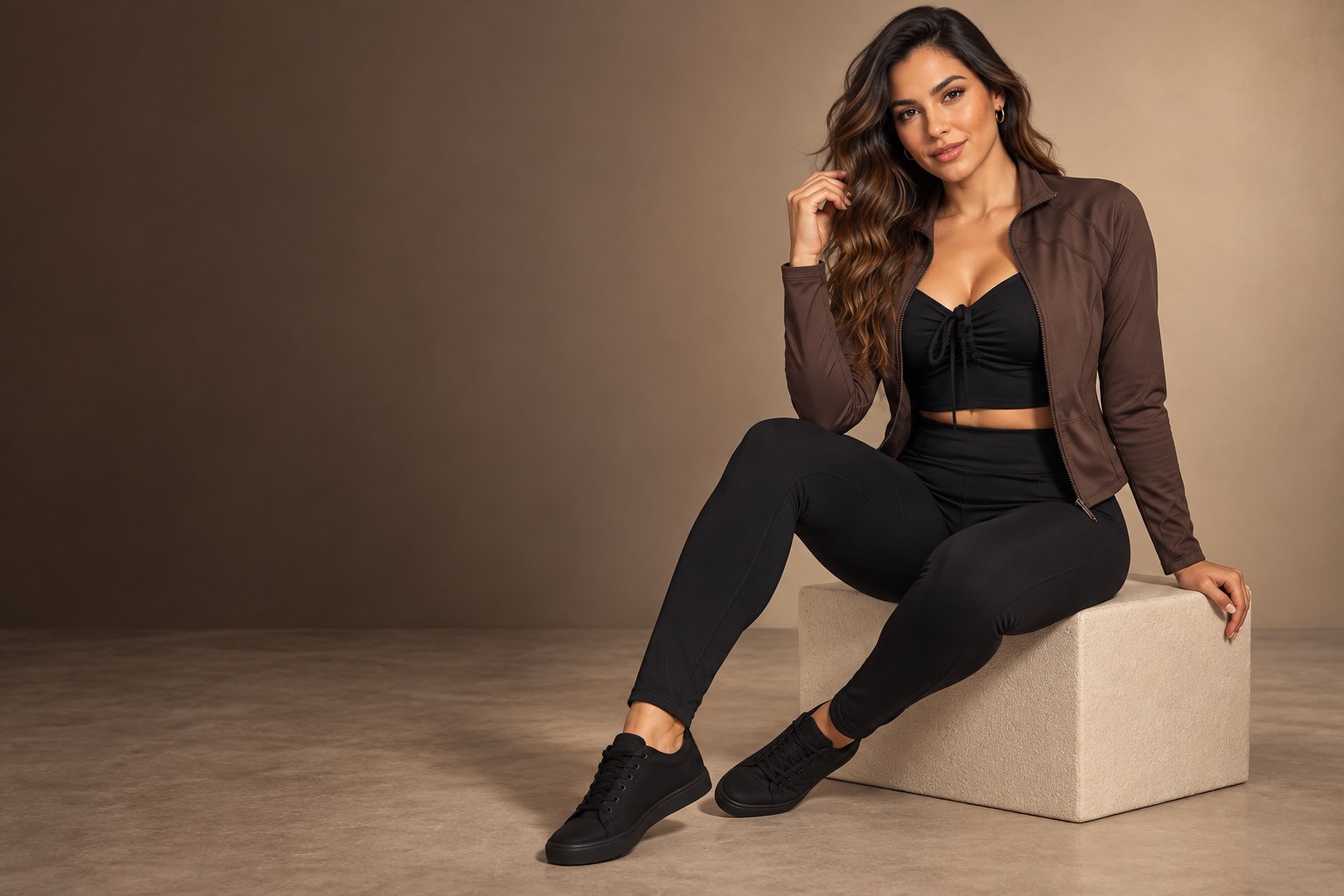 Mulher usando conjunto preto e jaqueta marrom inspirado em peça da VJ Modas